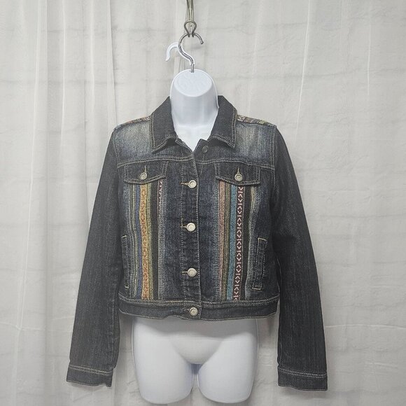 Hot Kiss Blue Denim Aztec Tapestry Jean Jacket Bohemian Southwestern Cropped L - Picture 1 of 11